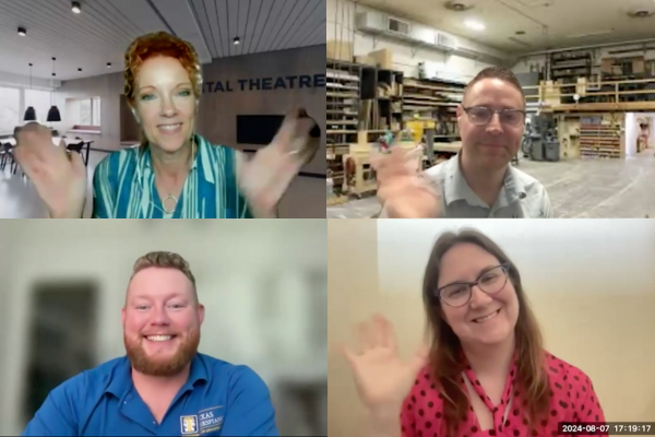 Alesha Tatum-Howe, John Davenport, BK Goodman, and Aileen Zeigler smile and wave on a Zoom PD training session