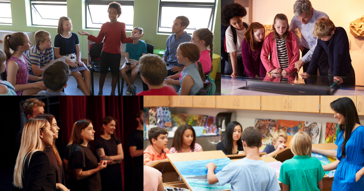 Four images of groups of students doing an activity